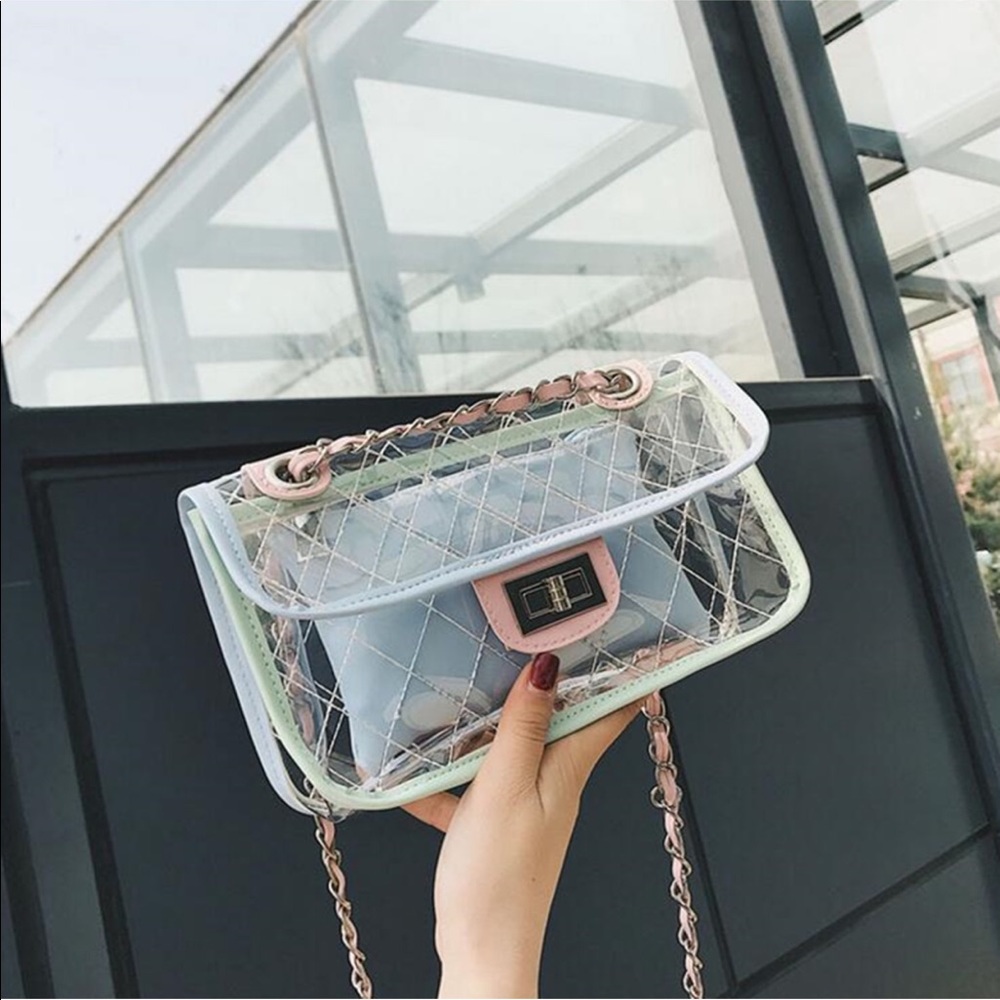 CLEAR OR TRANSPARENT WITH PINK & MINT TRIM HANDBAG - Picture 2 of 8